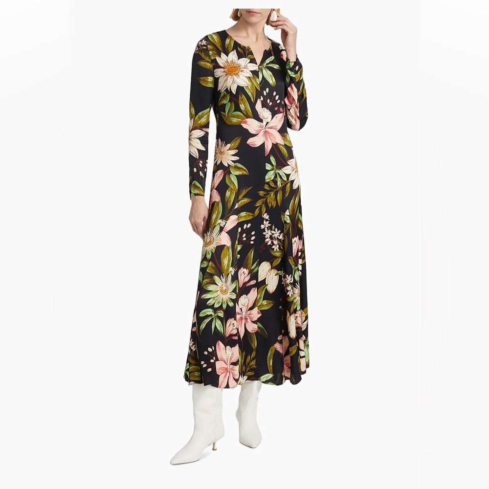 Farm Rio New Surreal Flowers Long-Sleeve Midi-Dress Zip V Neck Black Flowy Small